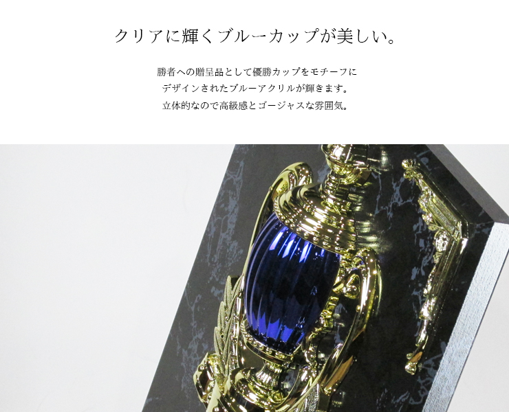 立体感のあるブルーの優勝カップデザインが高級感を感じさせる木製表彰楯の詳細 JAS-P-648