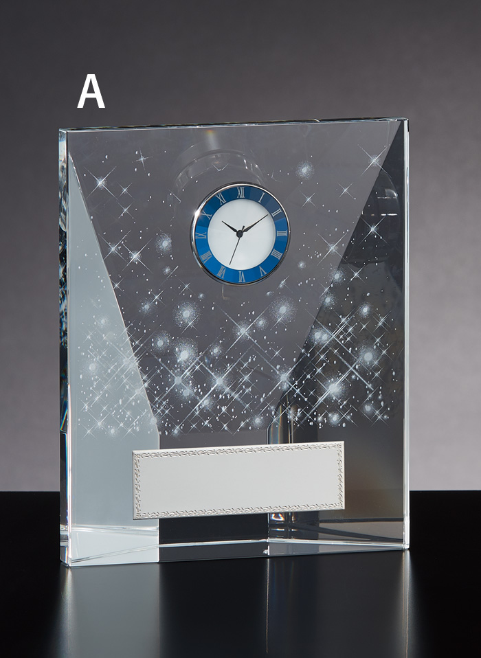 神秘的なデザインが人気の時計付クリスタル表彰楯 JAS-RG-4808