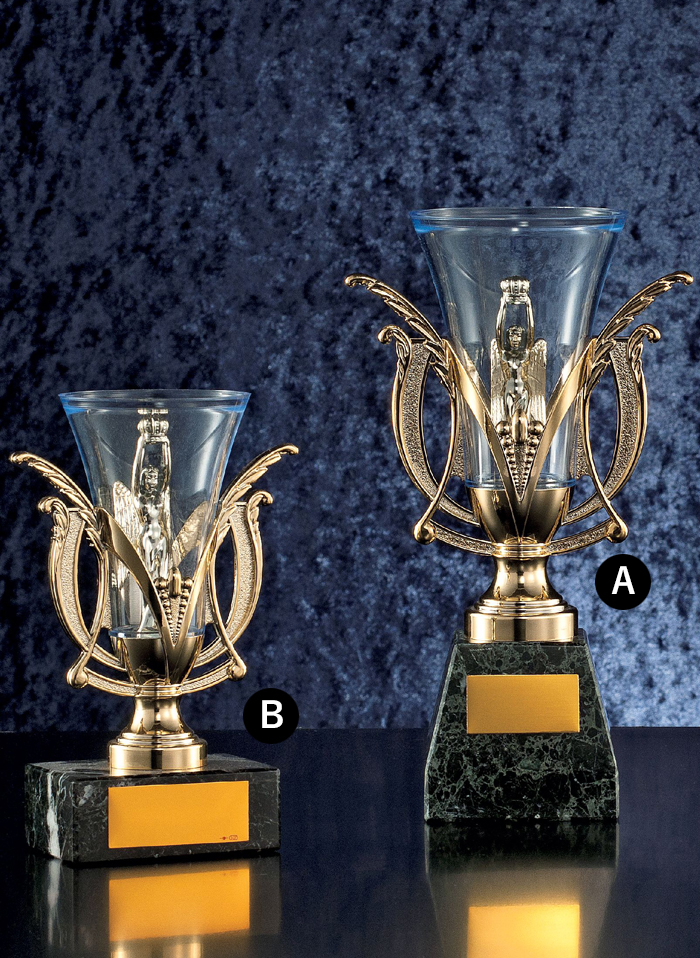 低価格優勝カップ　JG-PC-351　樹脂製のカップの中に勝利の女神が飾られているカップ。水泳をはじめウォータースポーツの記念品として人気です。