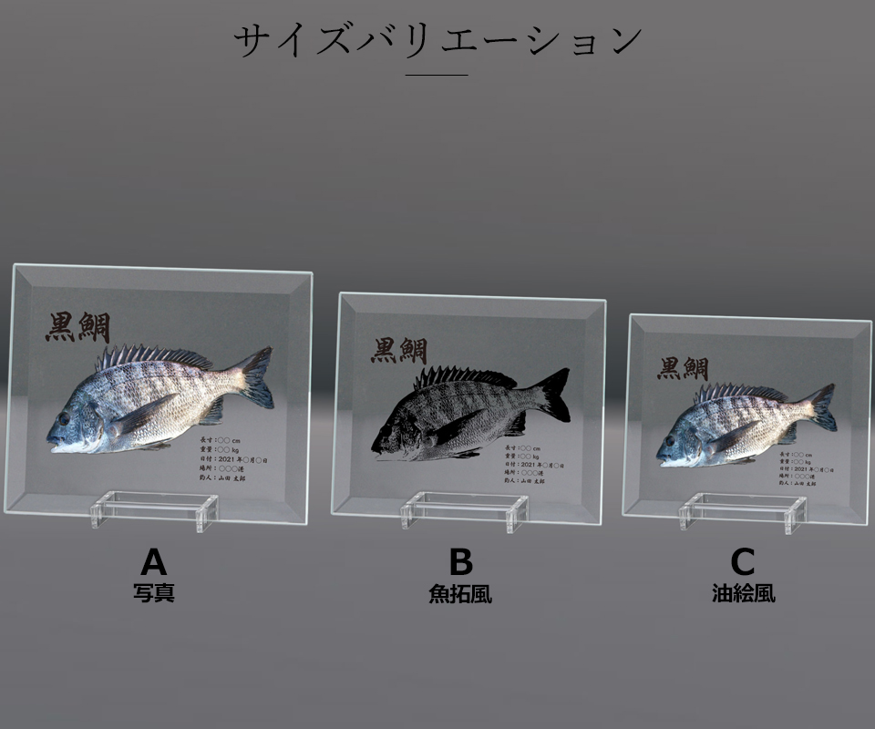 ガラス素材に直接印刷が可能なデジタル魚拓楯のサイズバリエーション JW-JHU-7659