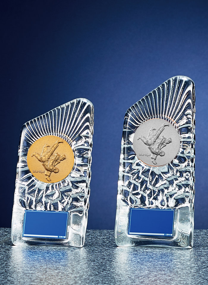 JW-S-6018-judo　金・銀・銅の3色のメダルが選べる人気のガラス製柔道用表彰楯