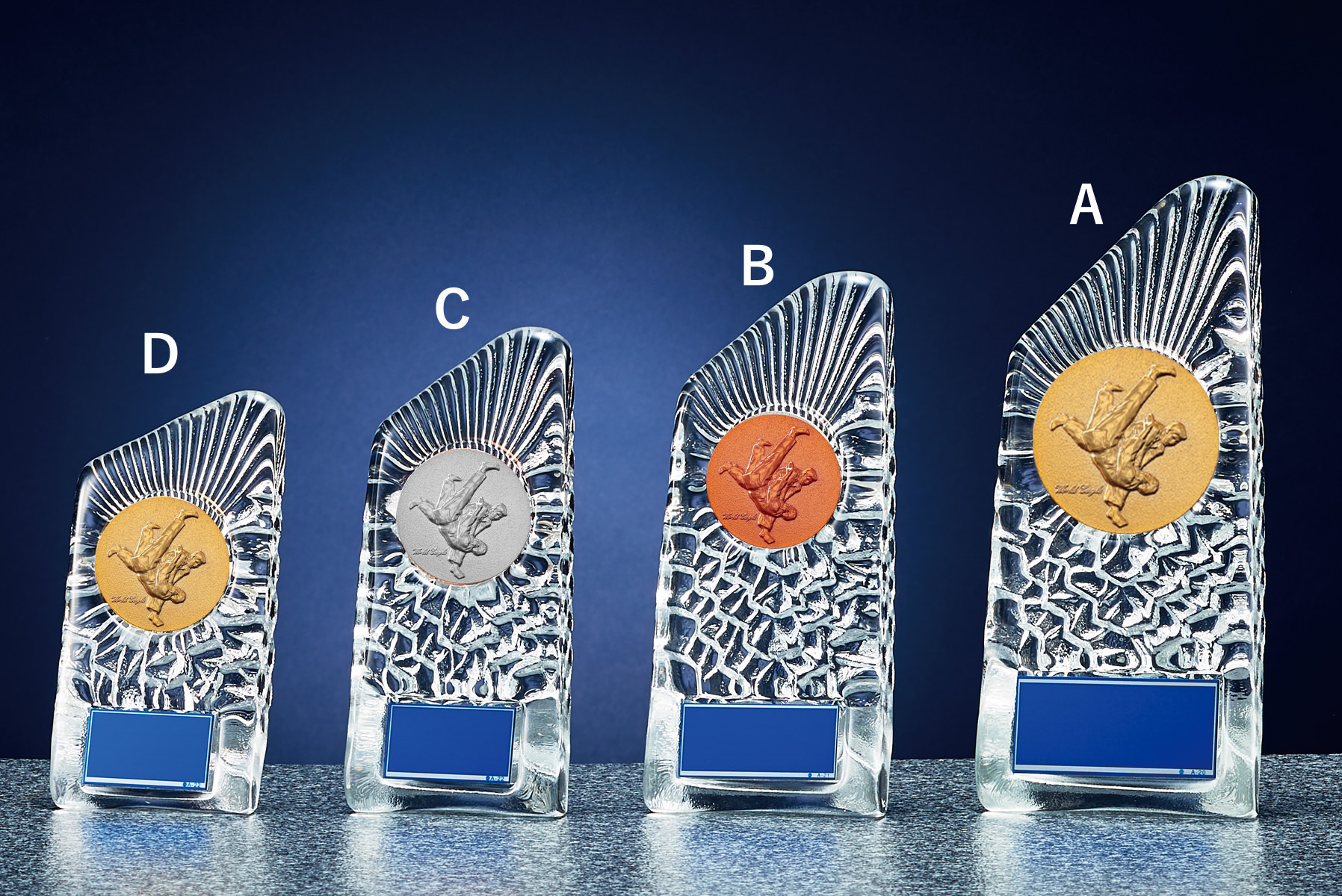 JW-S-6018-judo　金・銀・銅の3色のメダルが選べる人気のガラス製柔道用表彰楯