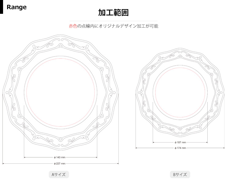 ゴールドのオリジナルシャーレの加工範囲 JW-SHP-7728