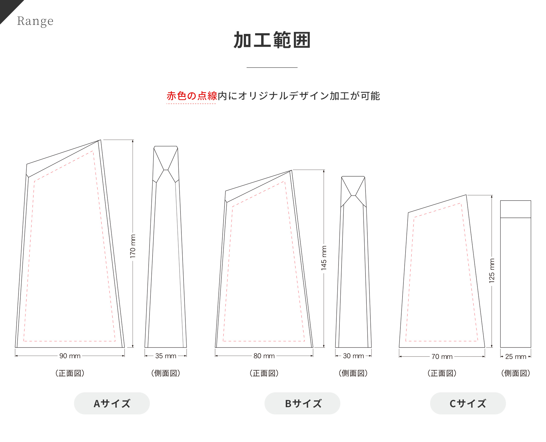 金沢金箔による本金箔トロフィーの加工範囲 JW-SHY-7004