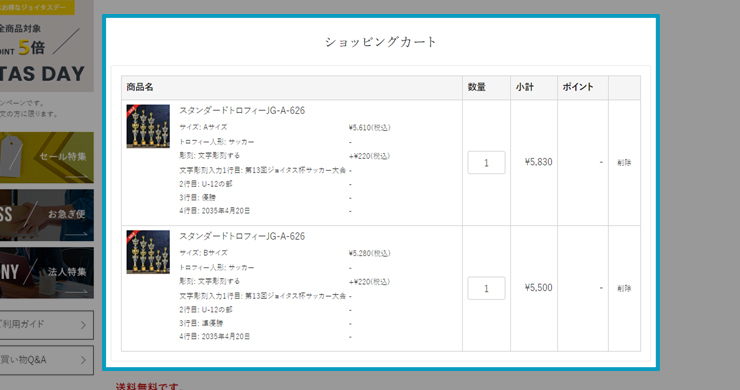 ショッピングカート内で商品を確認する