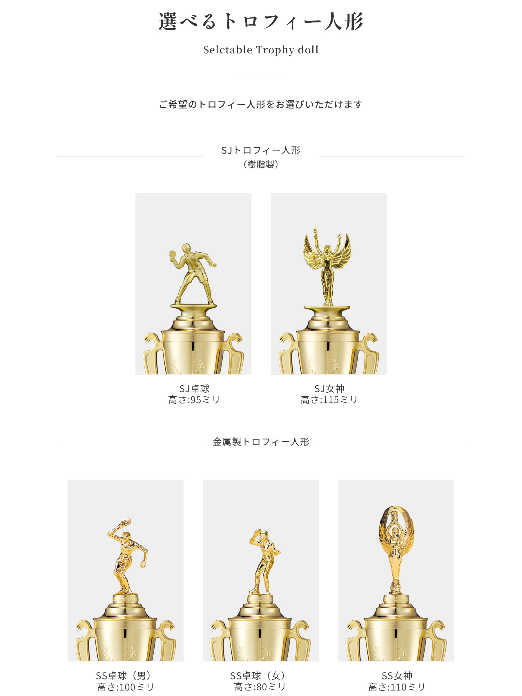 競技や種目が選択出来るトロフィー人形