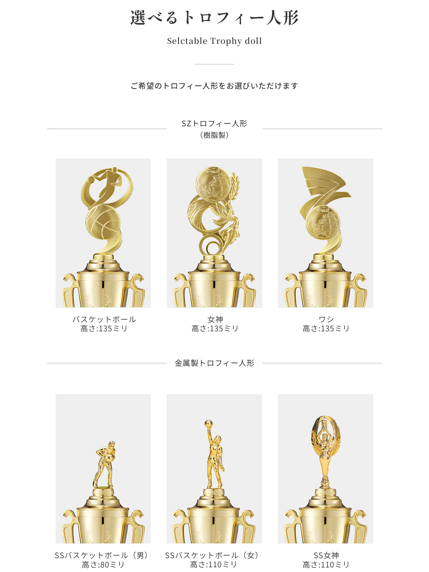 競技や種目が選択出来るトロフィー人形