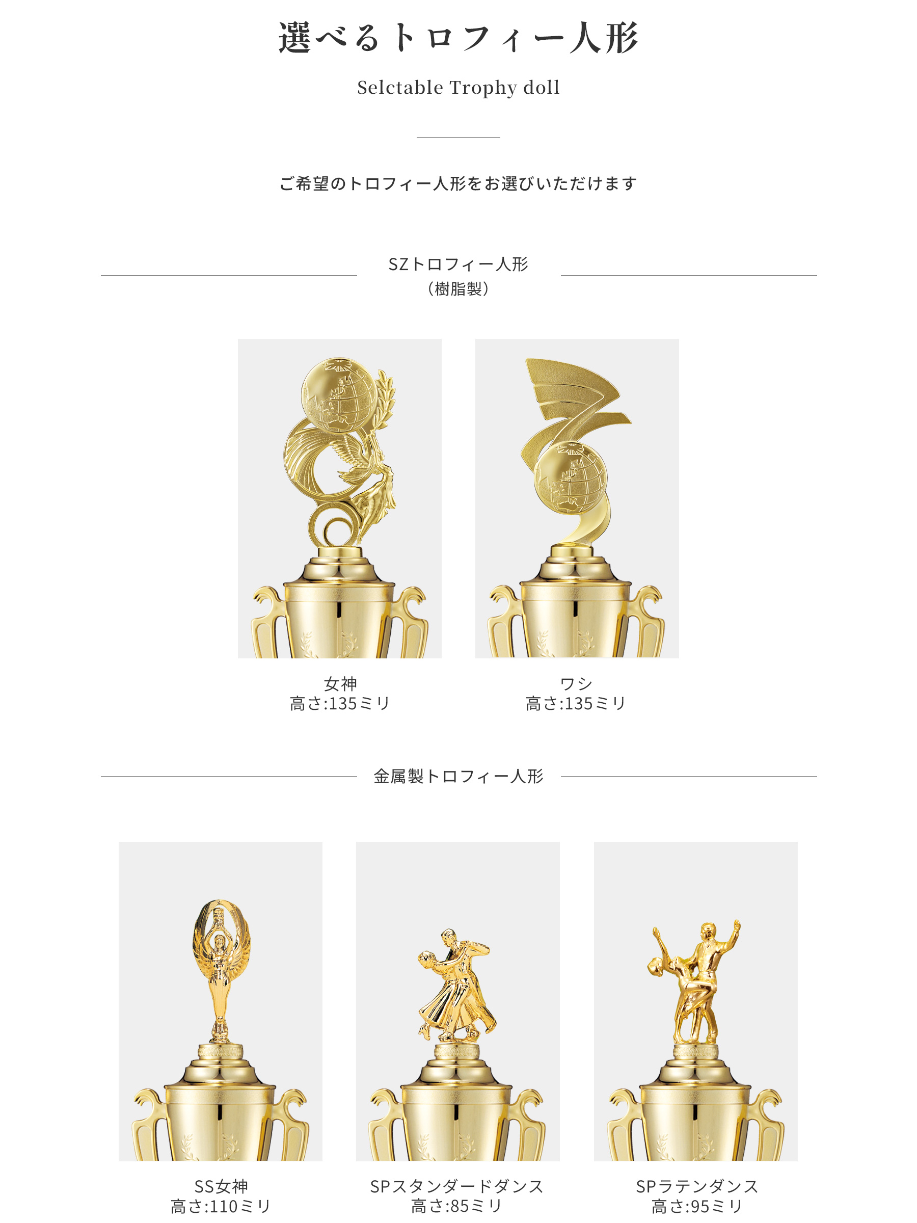 競技や種目が選択出来るトロフィー人形