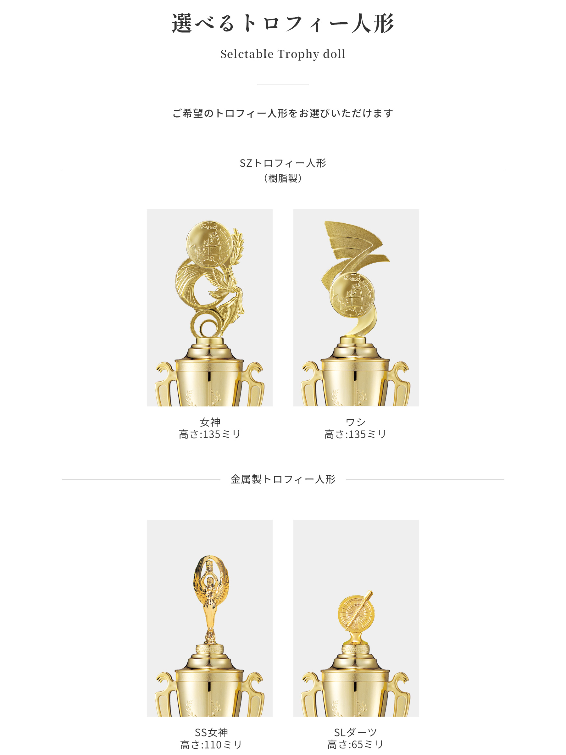 競技や種目が選択出来るトロフィー人形