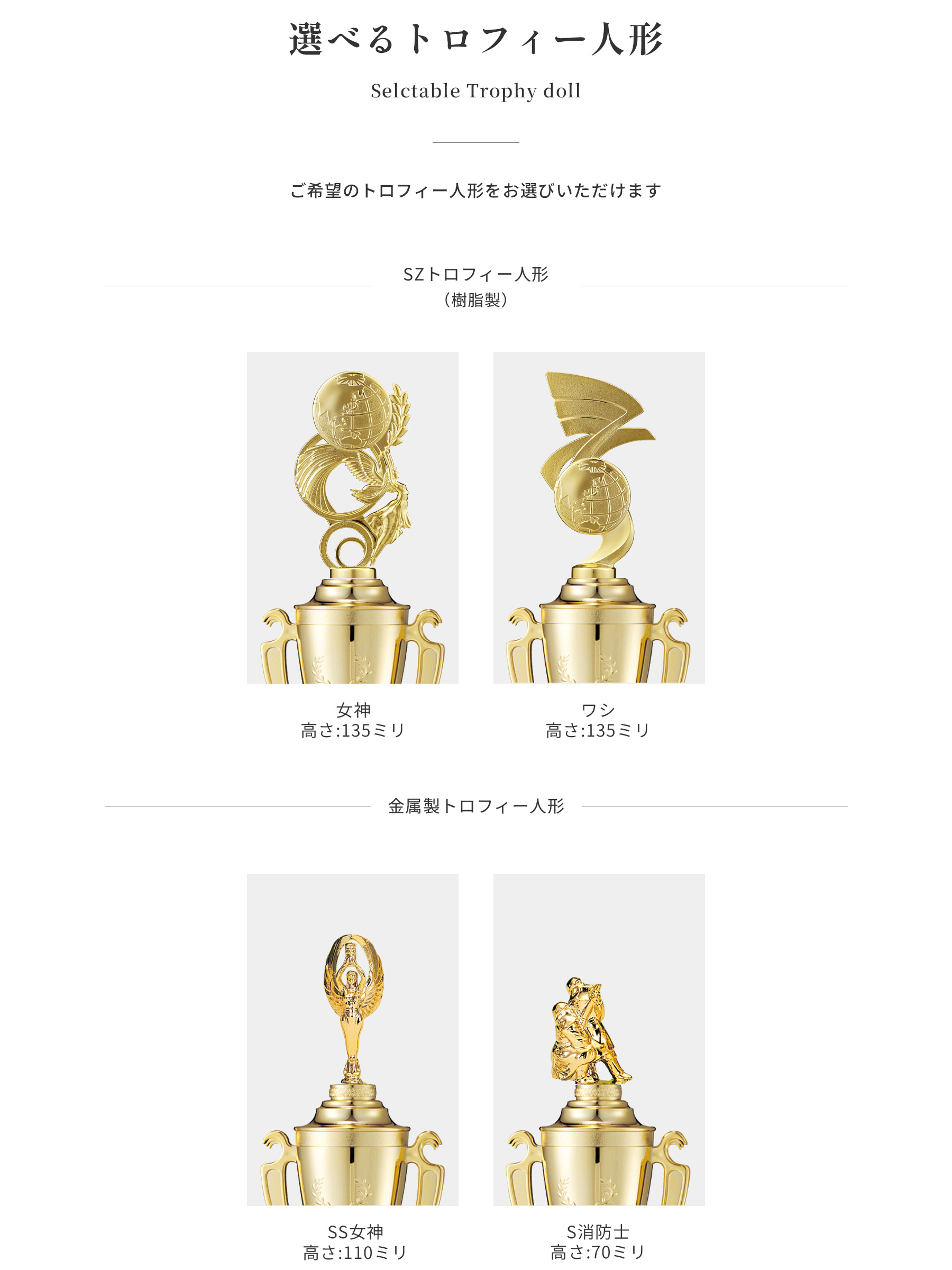 競技や種目が選択出来るトロフィー人形