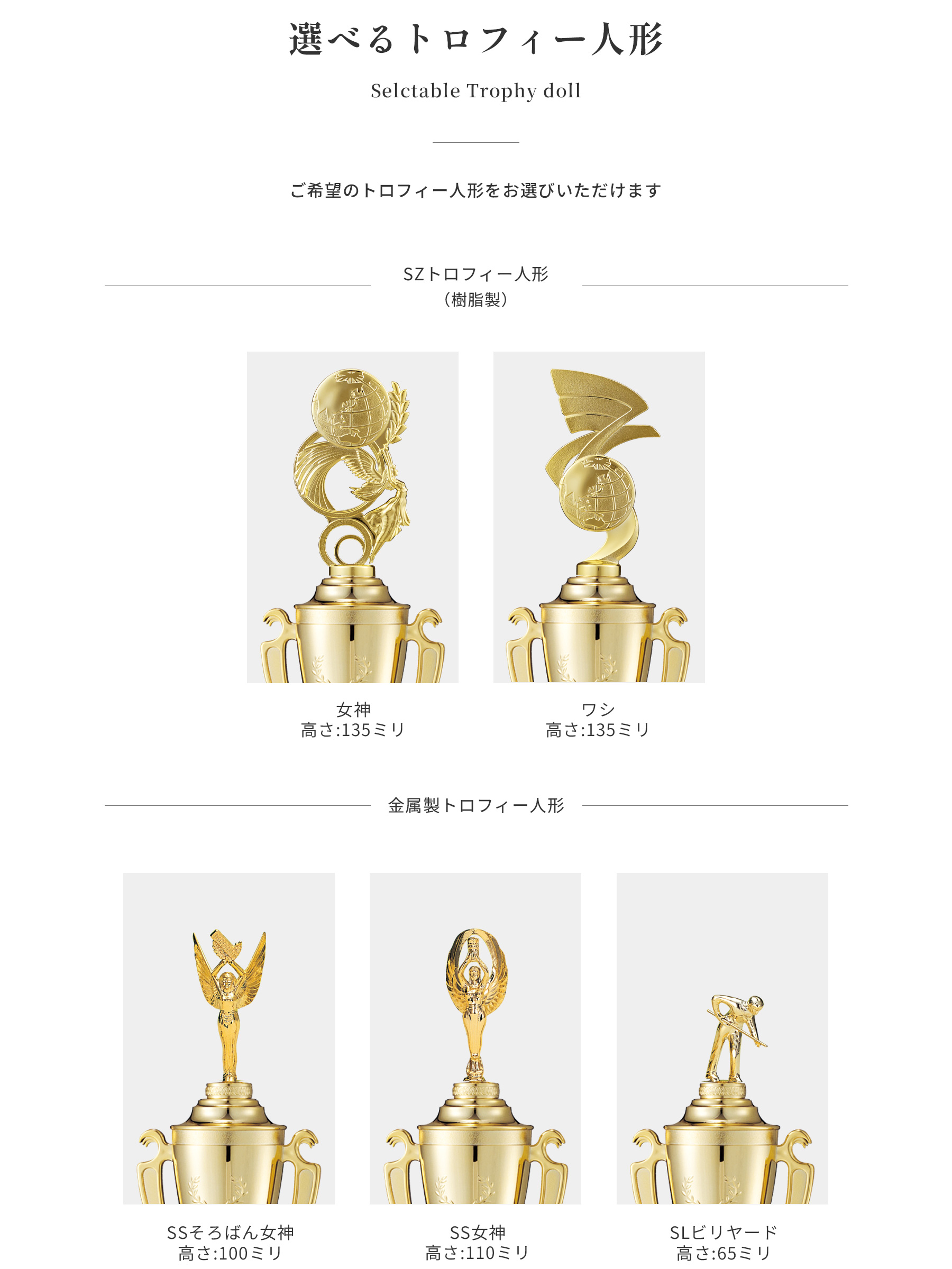 競技や種目が選択出来るトロフィー人形