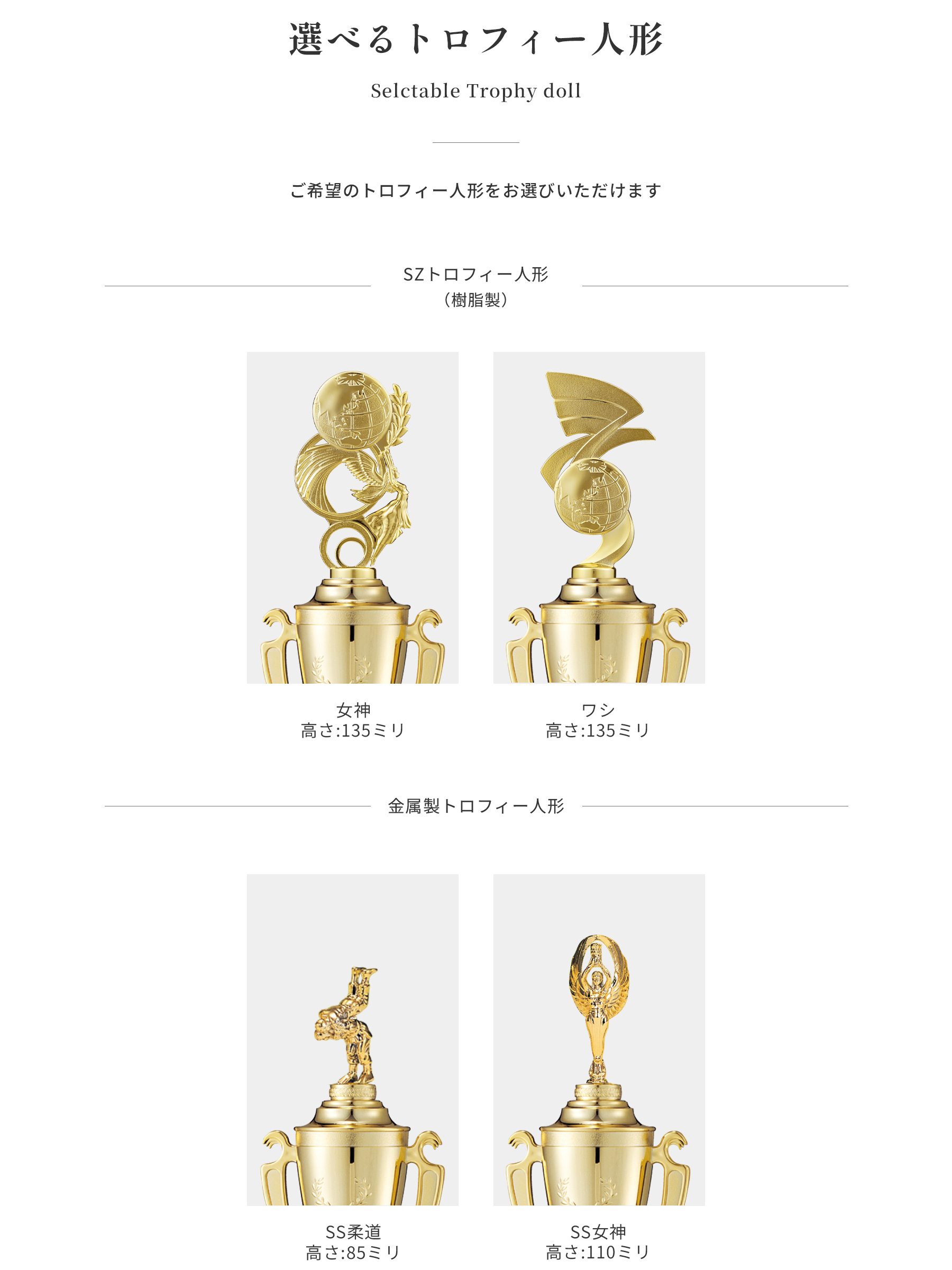 競技や種目が選択出来るトロフィー人形