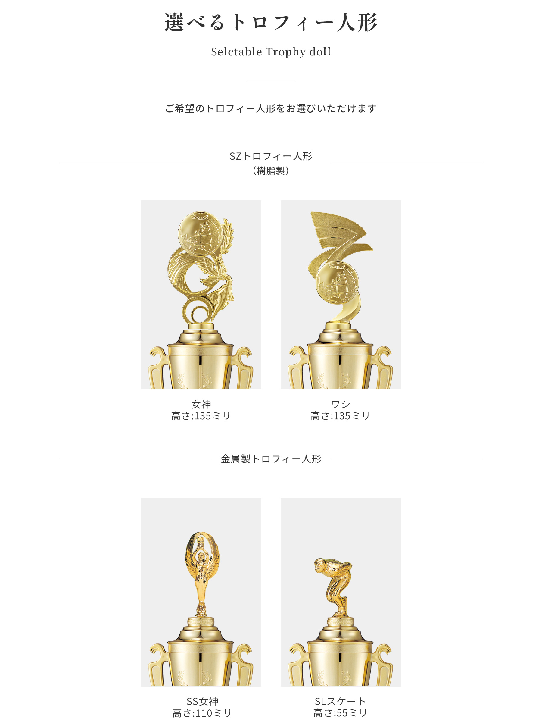 競技や種目が選択出来るトロフィー人形