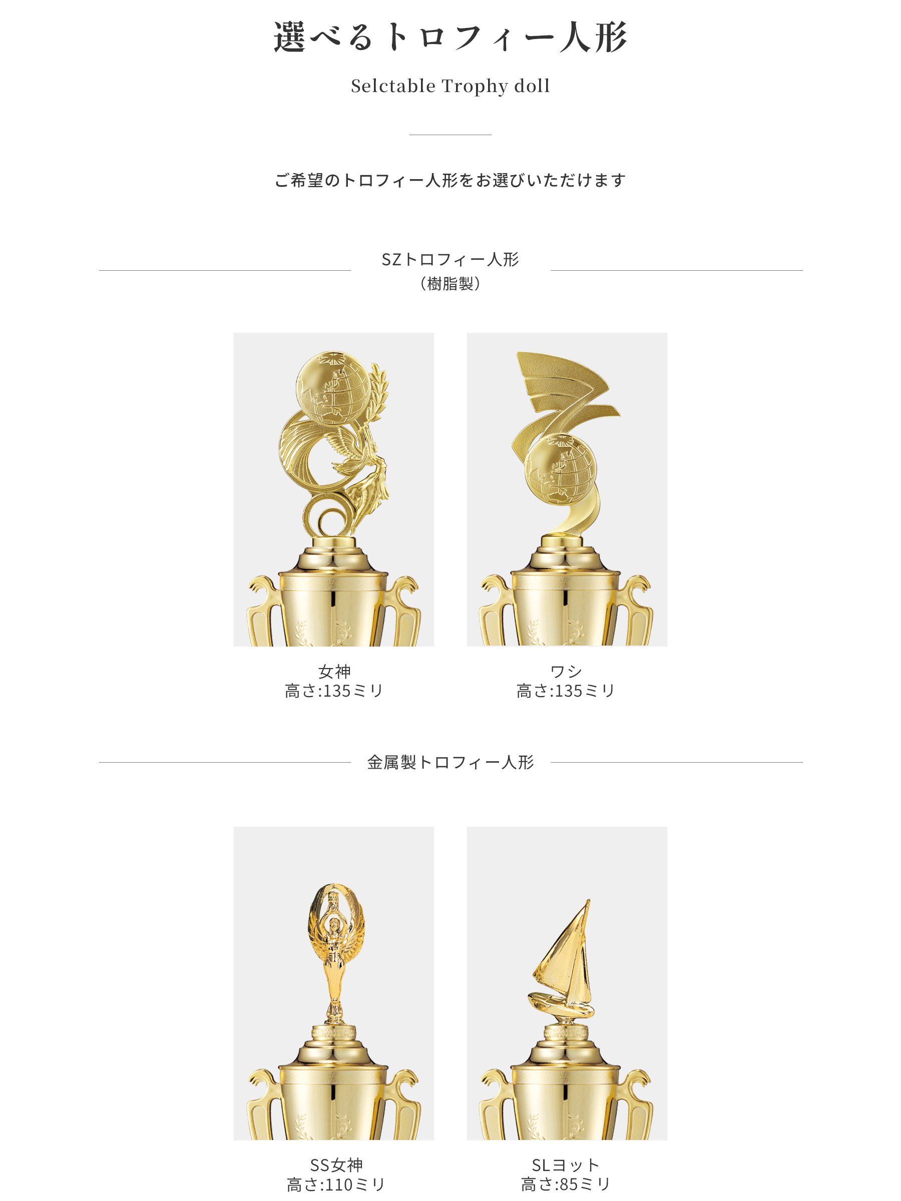 競技や種目が選択出来るトロフィー人形